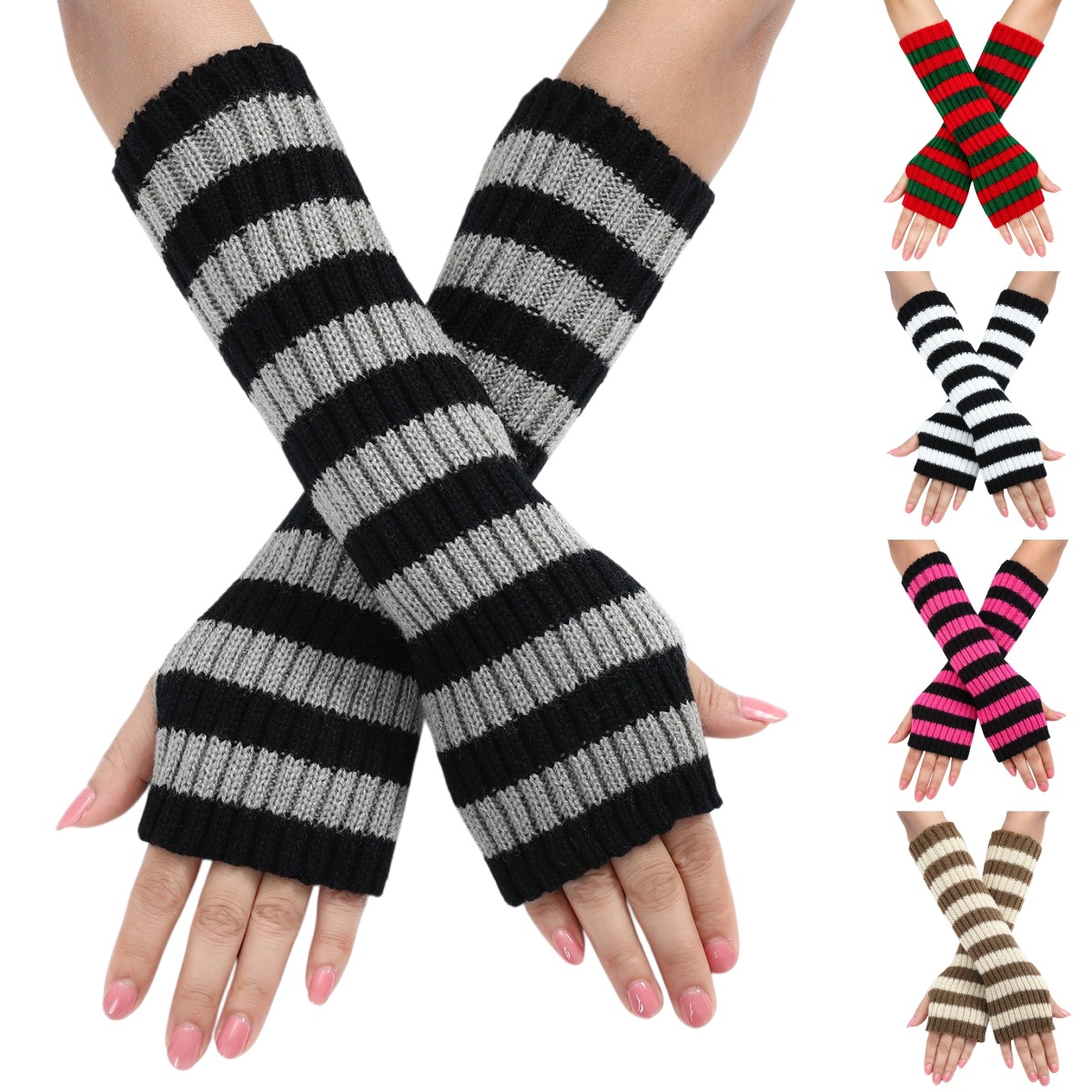 Fingerless Glove Knit - Полосатые безпальцевые нарукавники в стиле Y2K